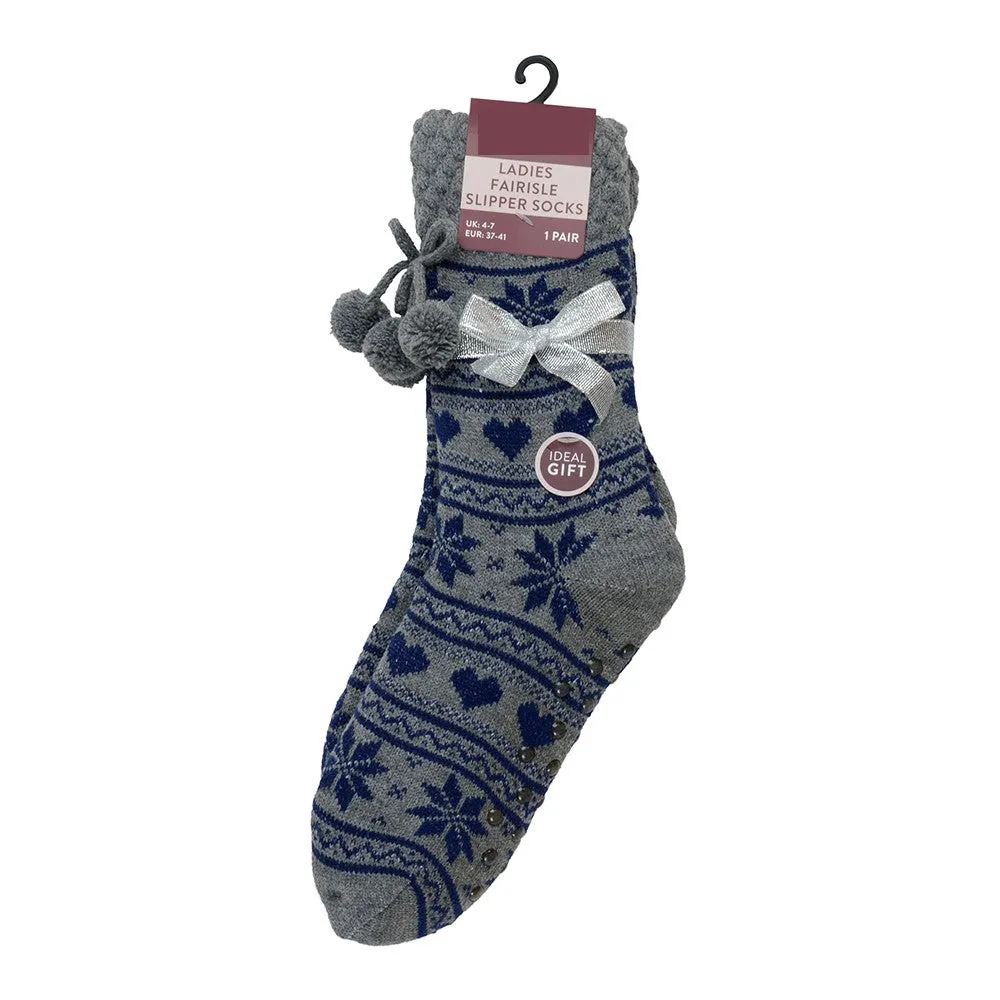 Ladies Slipper Socks Fleece Lined Fair Isle Striped Non-Skid Lounge Socks UK 4-7