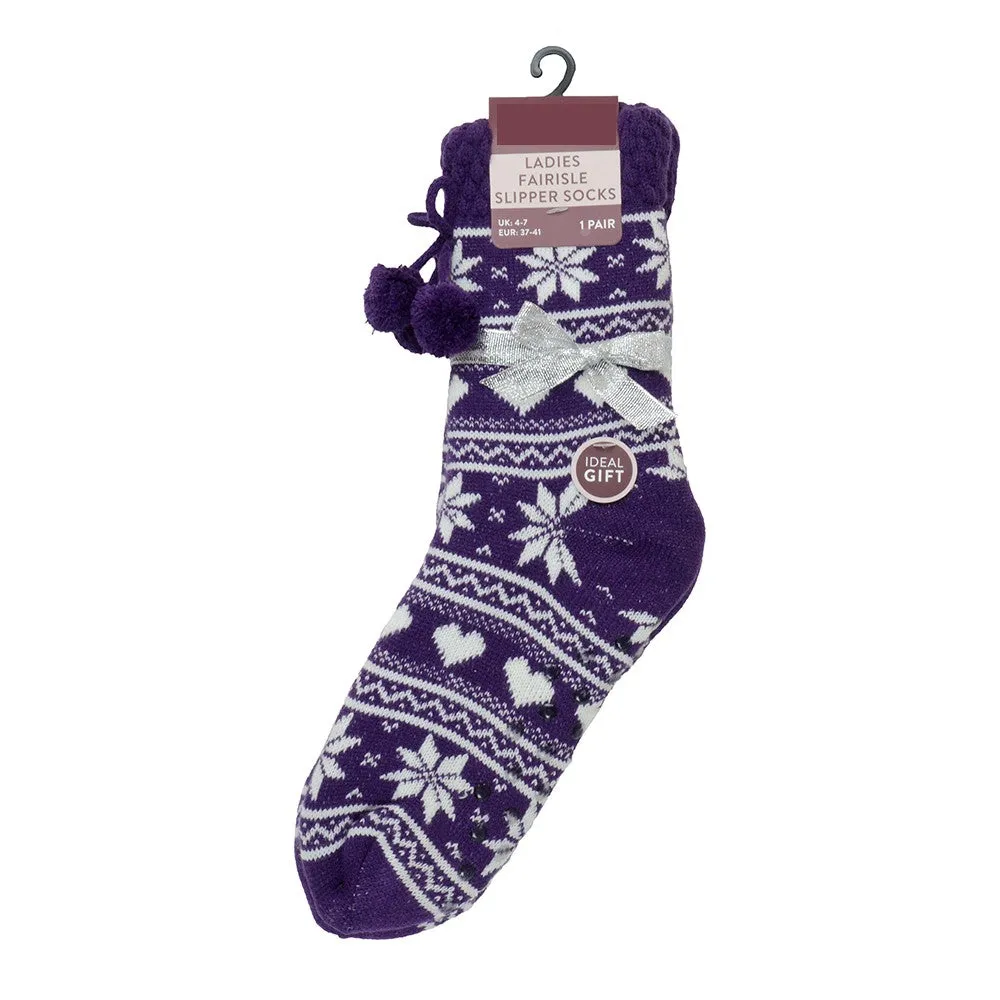 Ladies Slipper Socks Fleece Lined Fair Isle Striped Non-Skid Lounge Socks UK 4-7