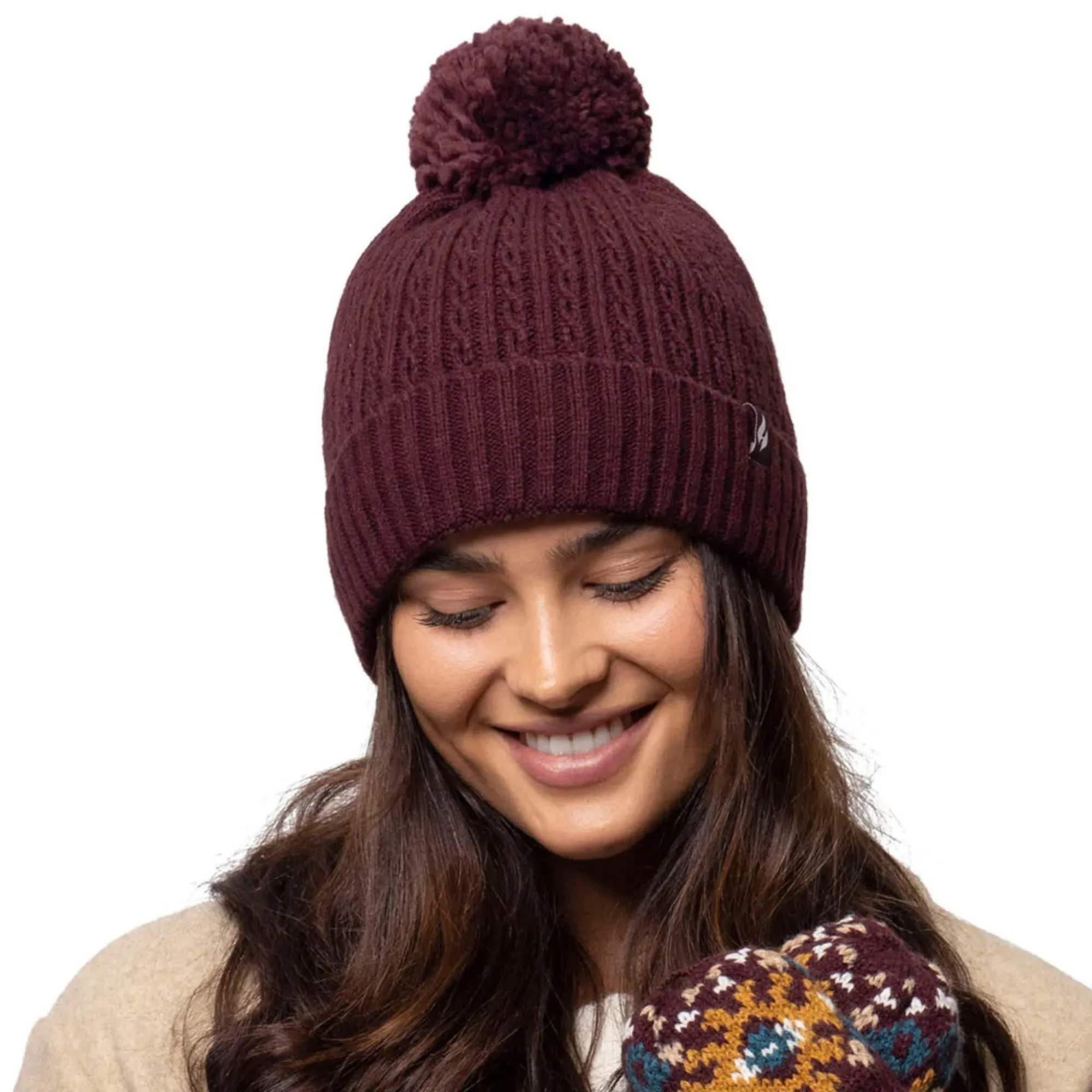 Ladies Winter Ribbed Thermal Cable Knit Beanie Pom Pom Hat