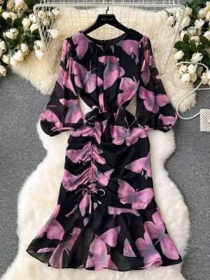 Lantern Sleeves Butterfly Print Flared Hem Dress