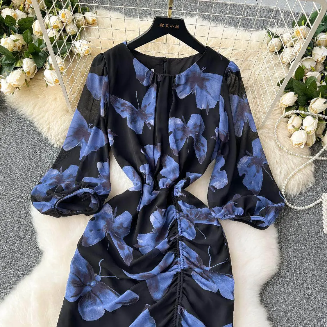 Lantern Sleeves Butterfly Print Flared Hem Dress