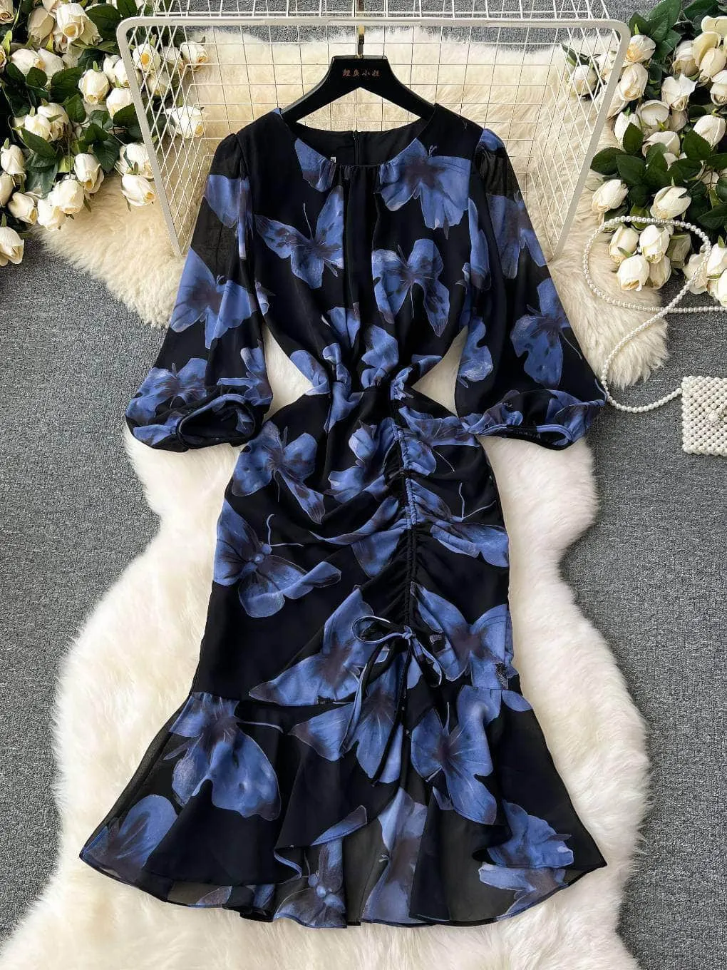 Lantern Sleeves Butterfly Print Flared Hem Dress