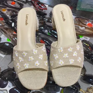 Larroude BeigeRaffia Single Strap Chunky Heel Mule with White and Yellow Flowers