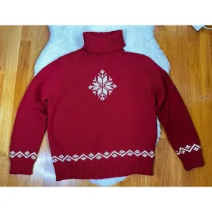 Lauren Ralph Lauren Hand Knit Cotton Snowflake Turtleneck Sweater Red Petite Med