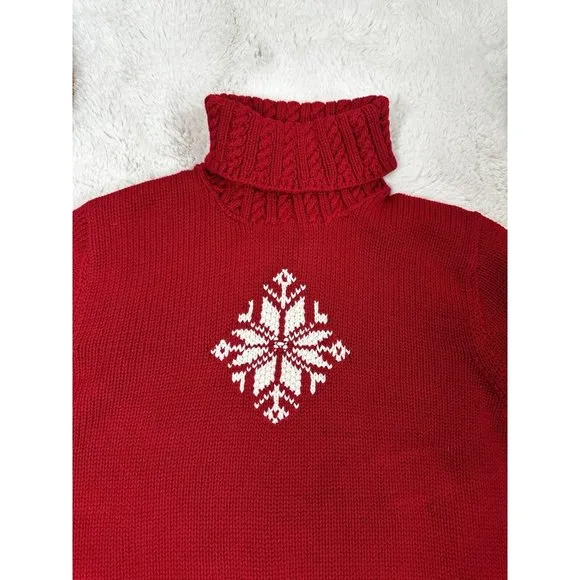 Lauren Ralph Lauren Hand Knit Cotton Snowflake Turtleneck Sweater Red Petite Med