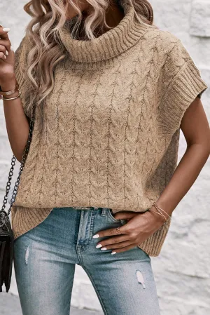 Light French Beige Turtleneck Short Batwing Sleeve Cable Knit Sweater