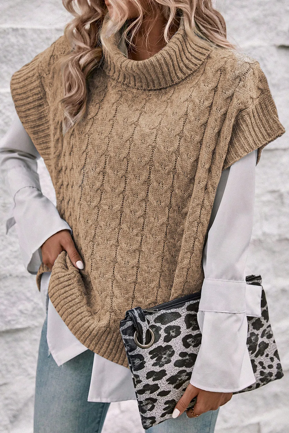 Light French Beige Turtleneck Short Batwing Sleeve Cable Knit Sweater