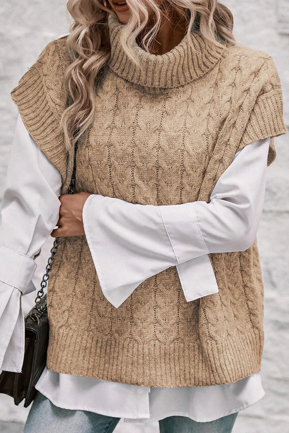 Light French Beige Turtleneck Short Batwing Sleeve Cable Knit Sweater