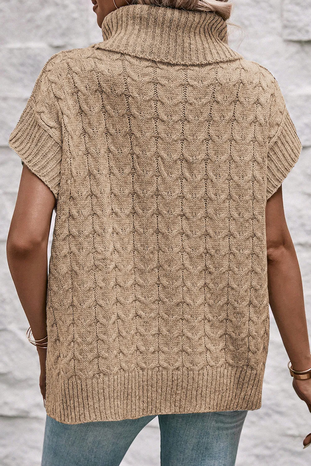 Light French Beige Turtleneck Short Batwing Sleeve Cable Knit Sweater