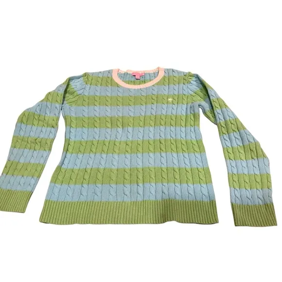 Lilly Pulitzer cable knit crew neck pullover sweater Sz L blue lime green stripe