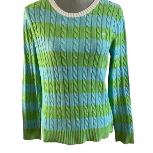 Lilly Pulitzer cable knit crew neck pullover sweater Sz L blue lime green stripe
