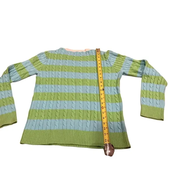 Lilly Pulitzer cable knit crew neck pullover sweater Sz L blue lime green stripe