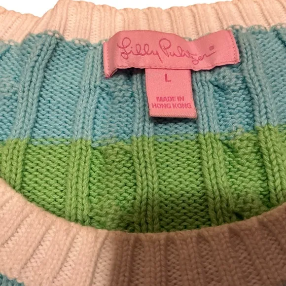 Lilly Pulitzer cable knit crew neck pullover sweater Sz L blue lime green stripe