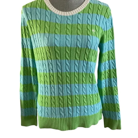 Lilly Pulitzer cable knit crew neck pullover sweater Sz L blue lime green stripe