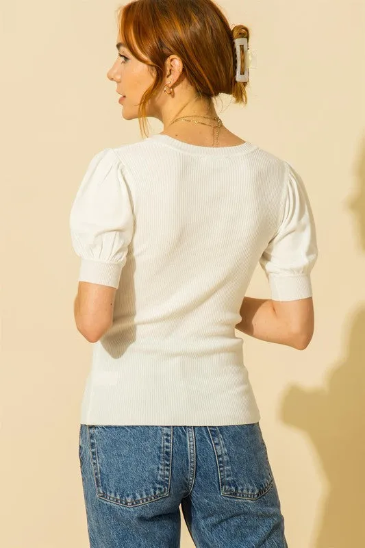 LINDSAY PUFF SLEEVE SWEATER TOP (WHITE)