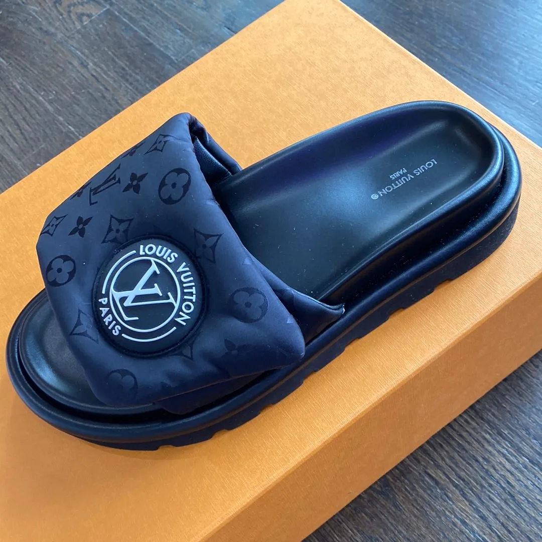 Louis Vuitton Black Nylon and Leather Logo Velcro Strap Slide