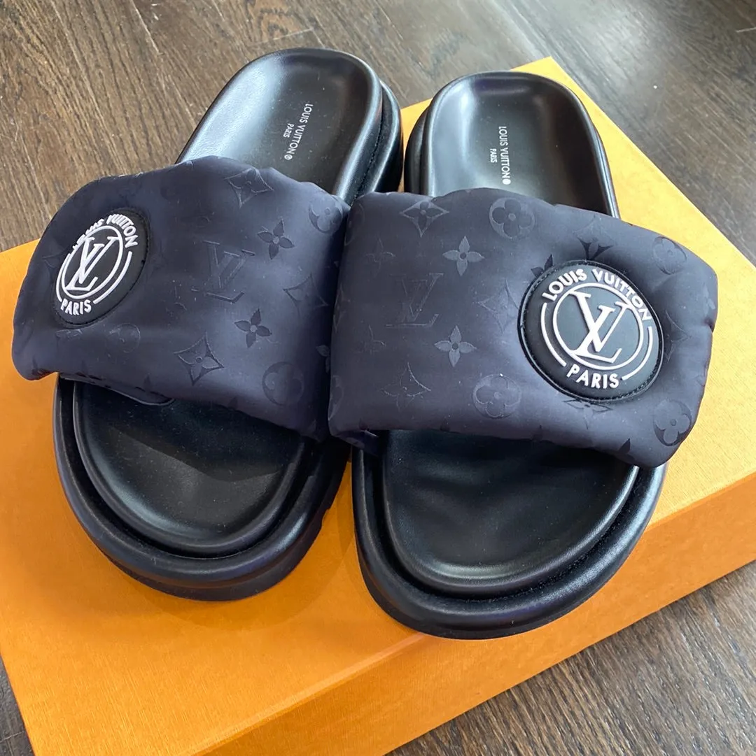 Louis Vuitton Black Nylon and Leather Logo Velcro Strap Slide