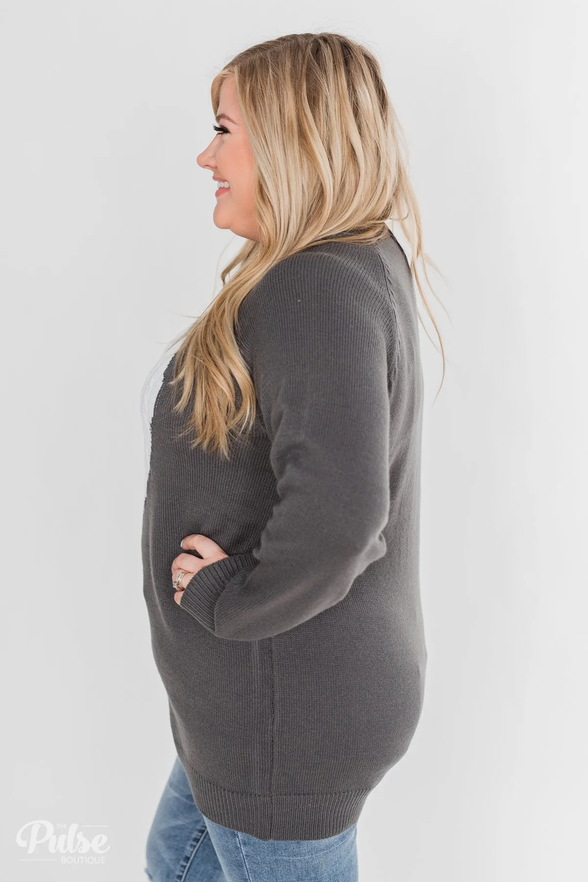 Love Your Life Knitted Heart Sweater - Charcoal