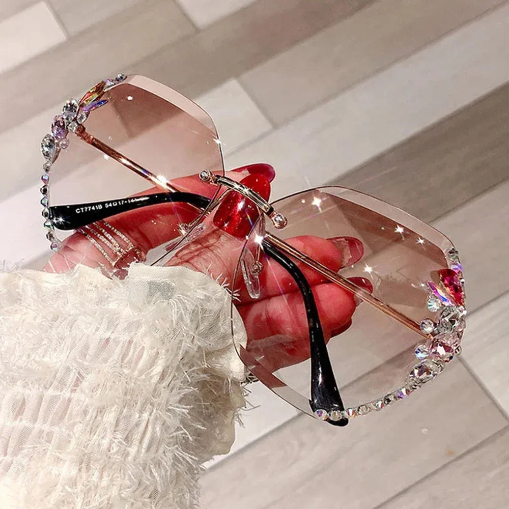 Luxury Brand Design Vintage Rimless Rhinestone Sunglasses