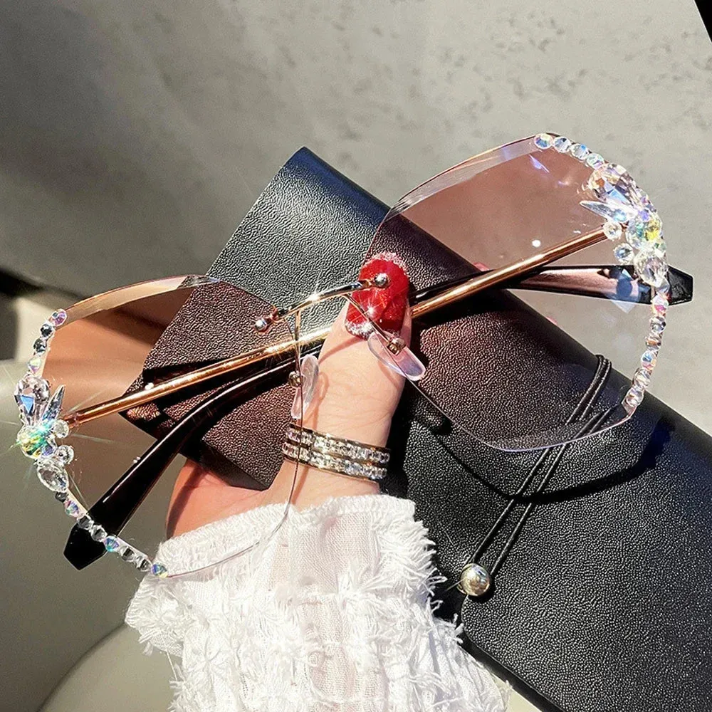 Luxury Brand Design Vintage Rimless Rhinestone Sunglasses