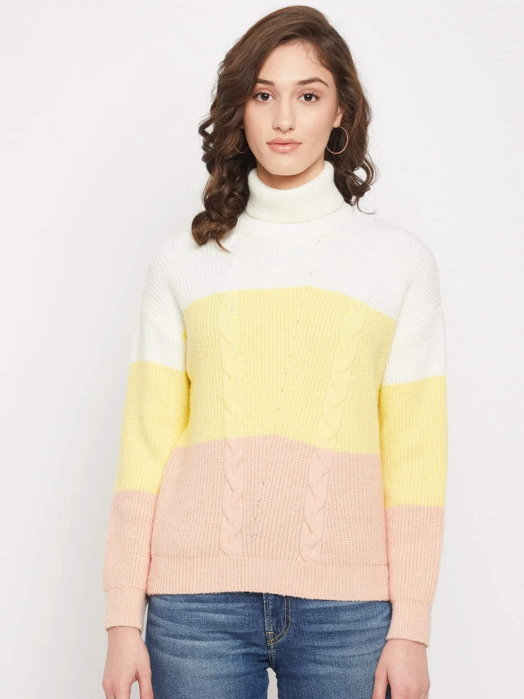 Madame Cable Knit Colourblocked White Turtleneck Sweater
