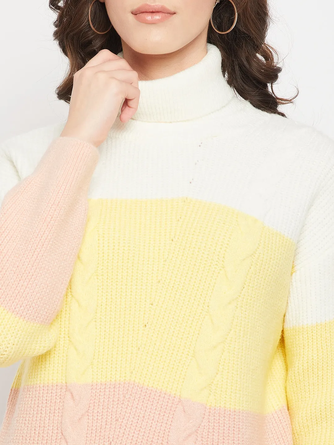 Madame Cable Knit Colourblocked White Turtleneck Sweater