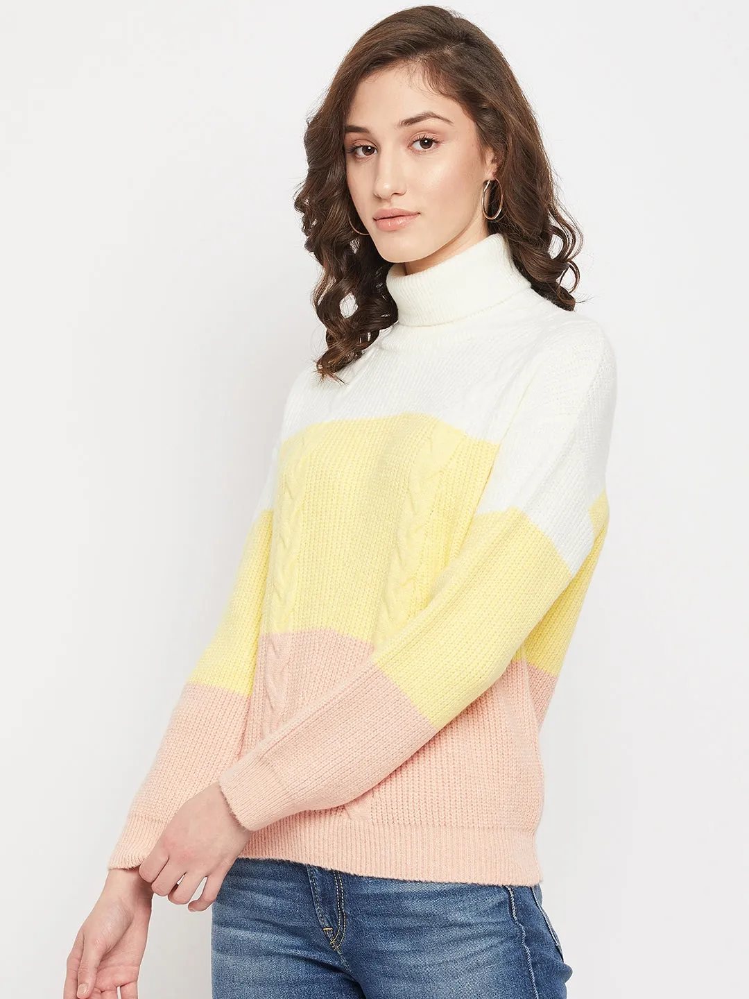 Madame Cable Knit Colourblocked White Turtleneck Sweater
