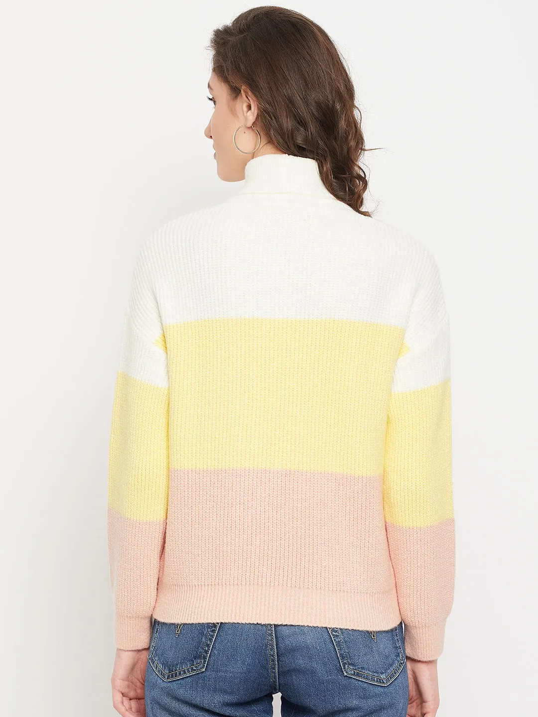 Madame Cable Knit Colourblocked White Turtleneck Sweater