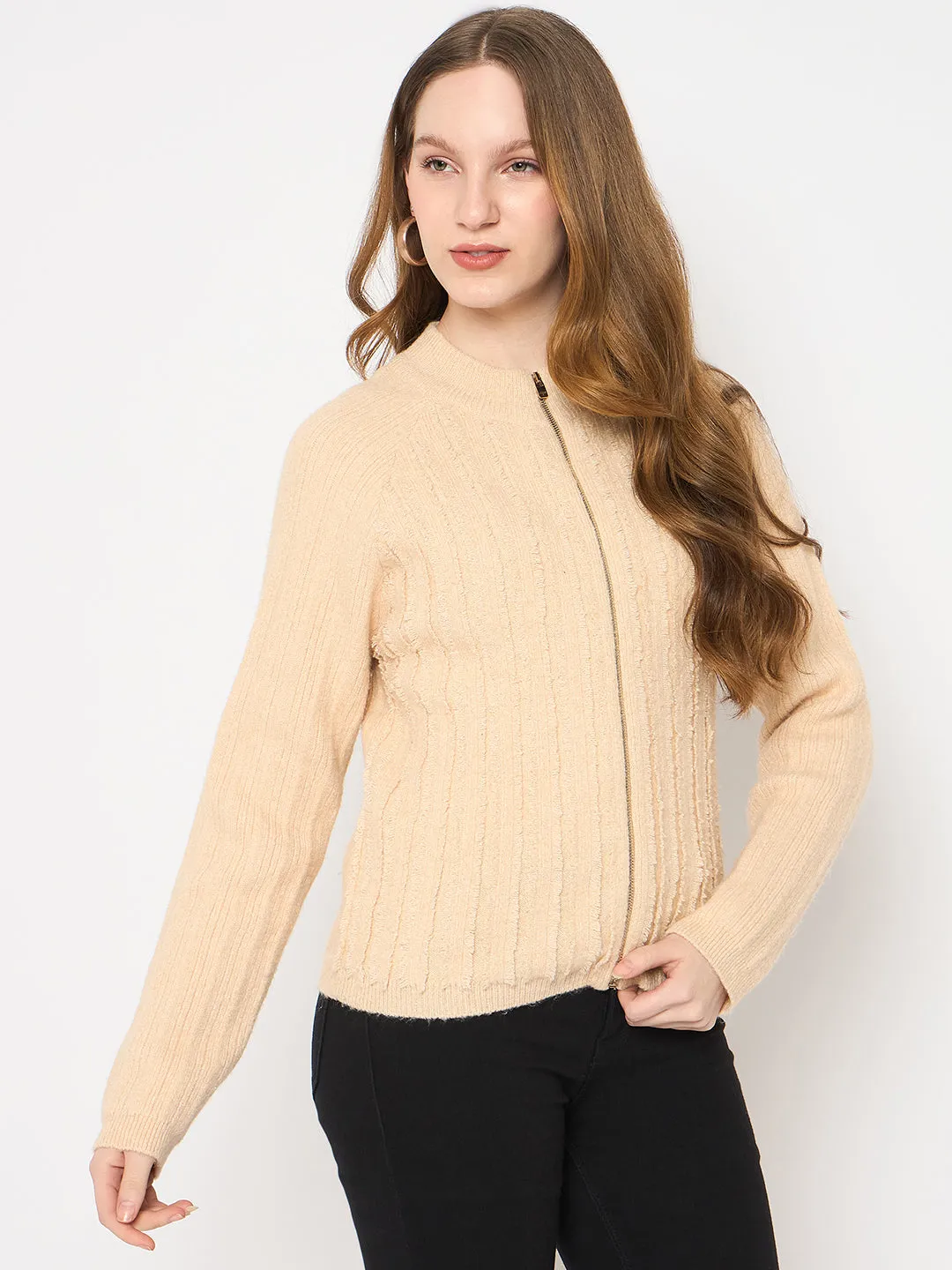 Madame Cable Knit Zipped Beige Sweater