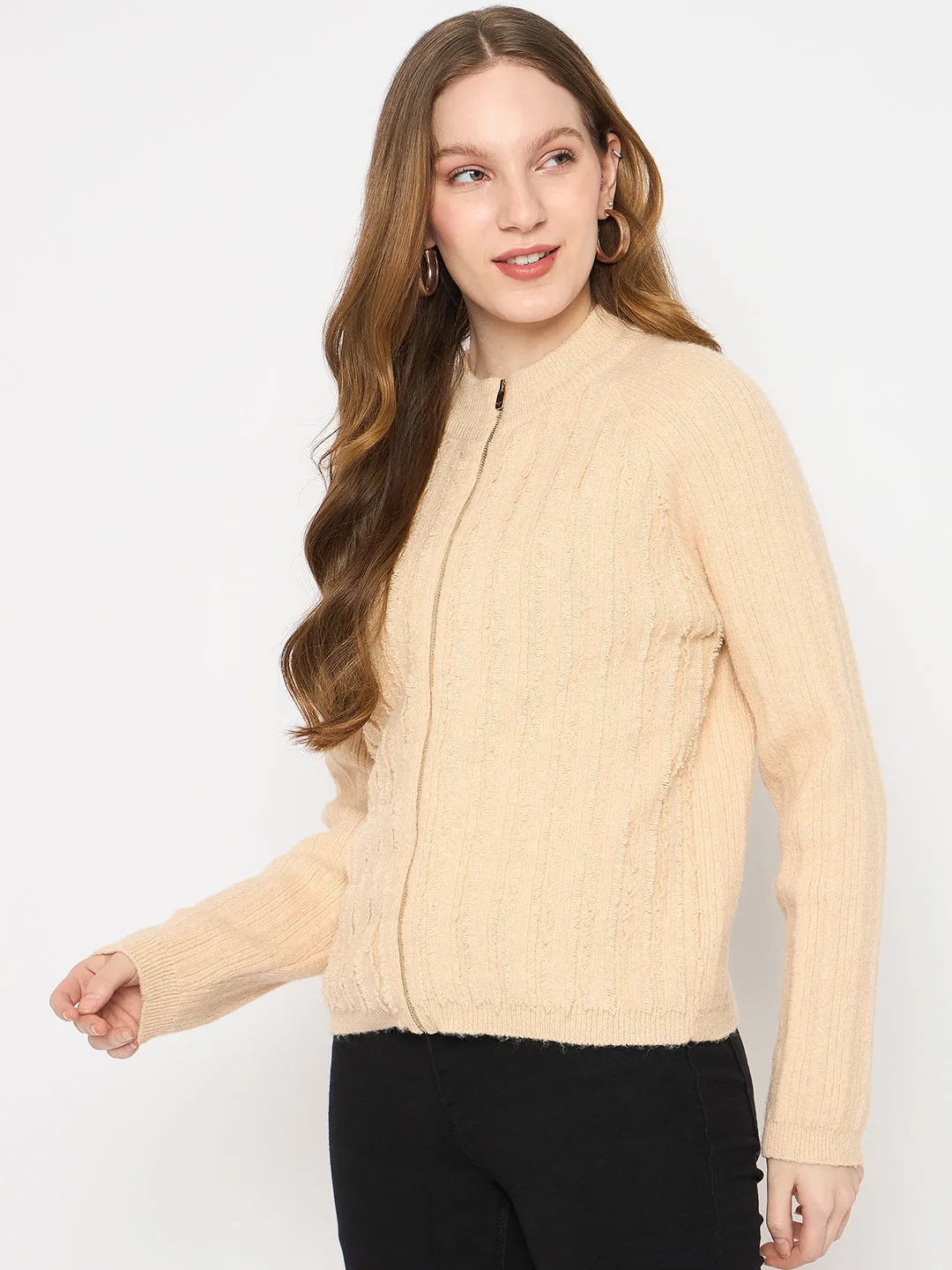 Madame Cable Knit Zipped Beige Sweater