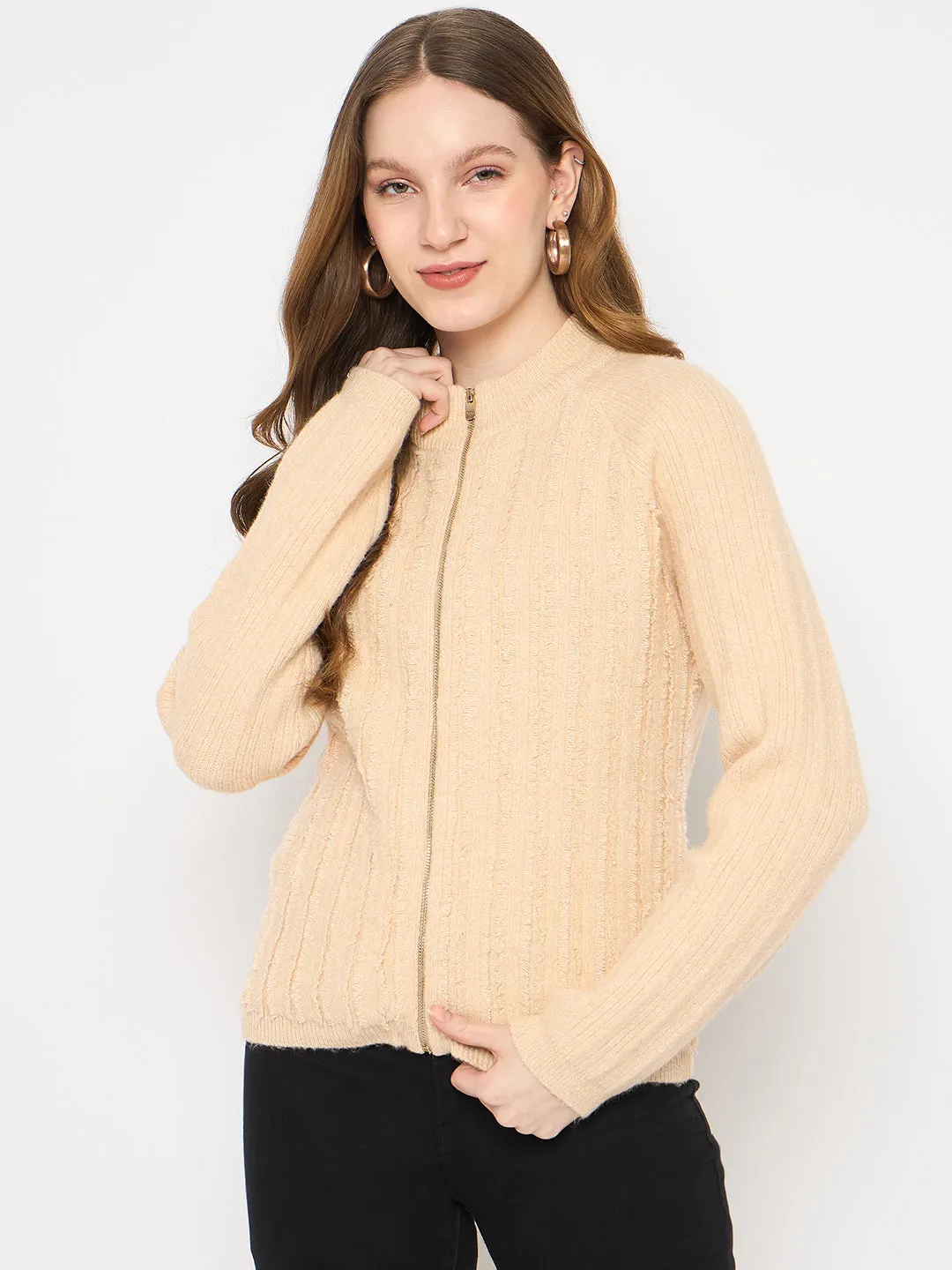 Madame Cable Knit Zipped Beige Sweater
