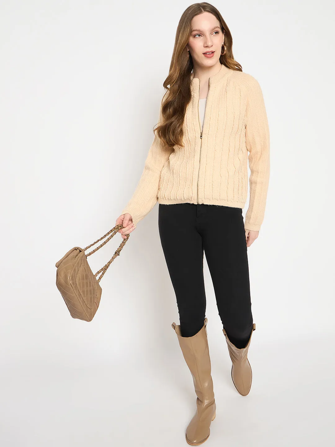 Madame Cable Knit Zipped Beige Sweater
