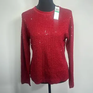 Marisa Christina Red Sequins Fitted Rib Knit Sweater size Large new with tags