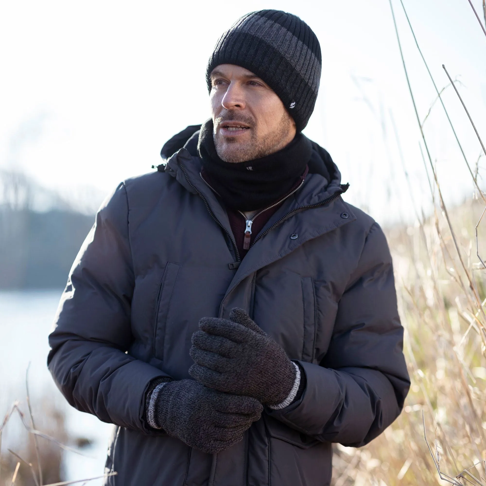 Mens Fleece Lined Striped Insulated Thermal Beanie Hat for Winter