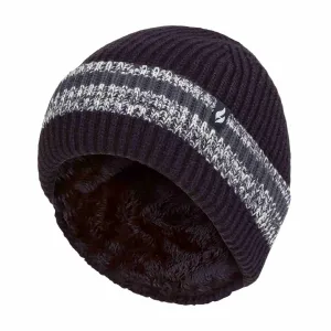 Mens Fleece Lined Striped Insulated Thermal Beanie Hat for Winter