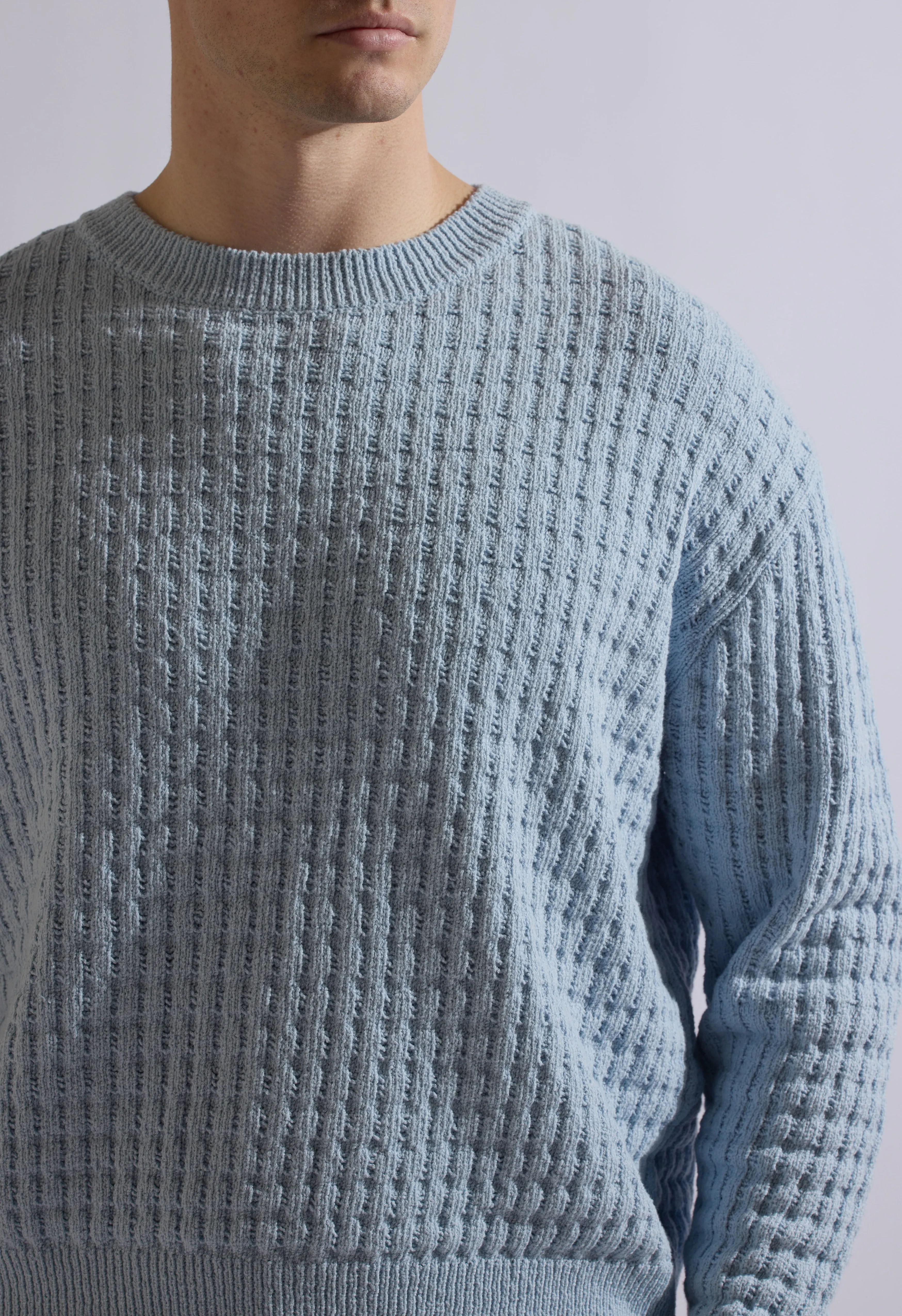 Merino Cable Knit Crew Blue