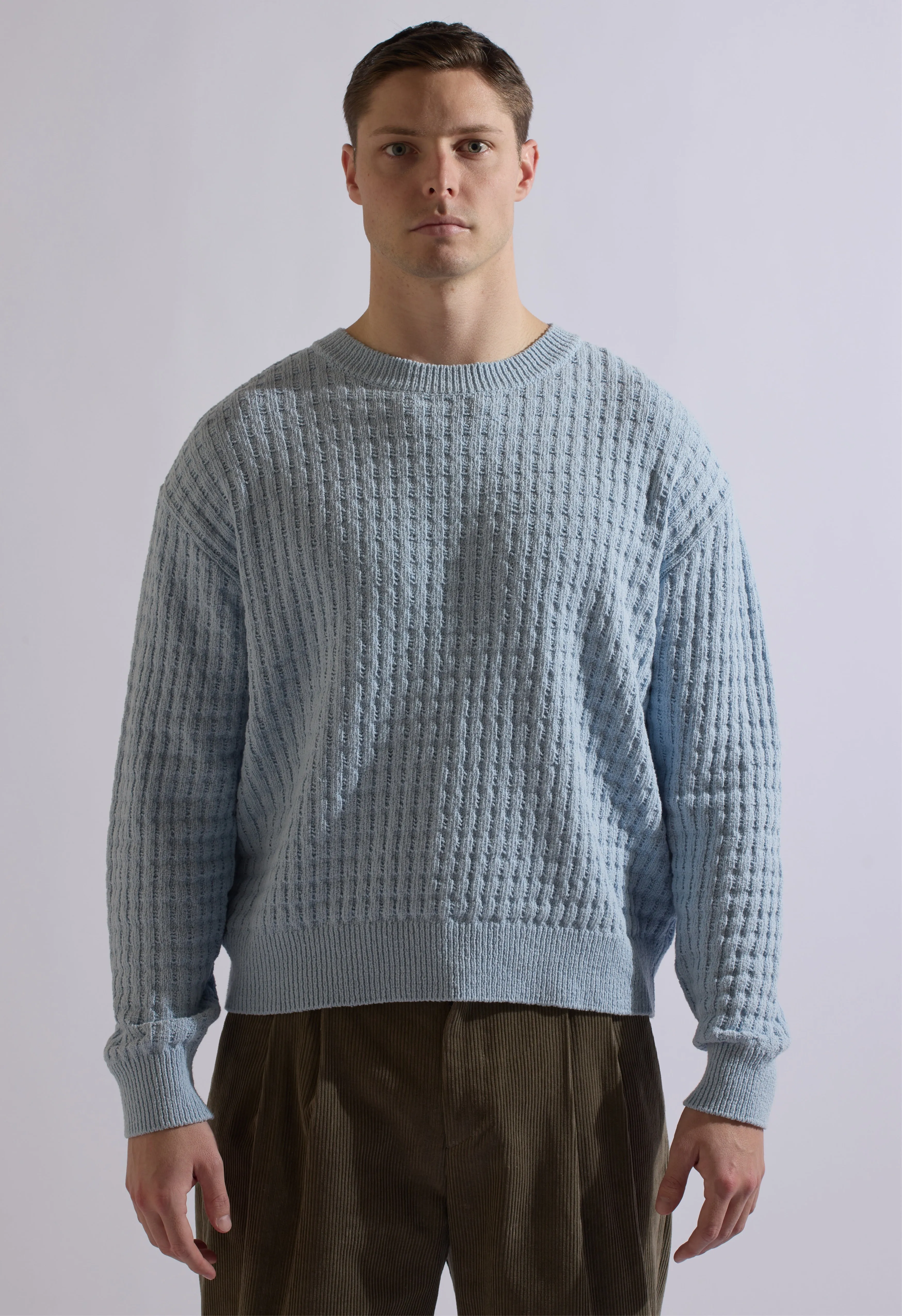 Merino Cable Knit Crew Blue