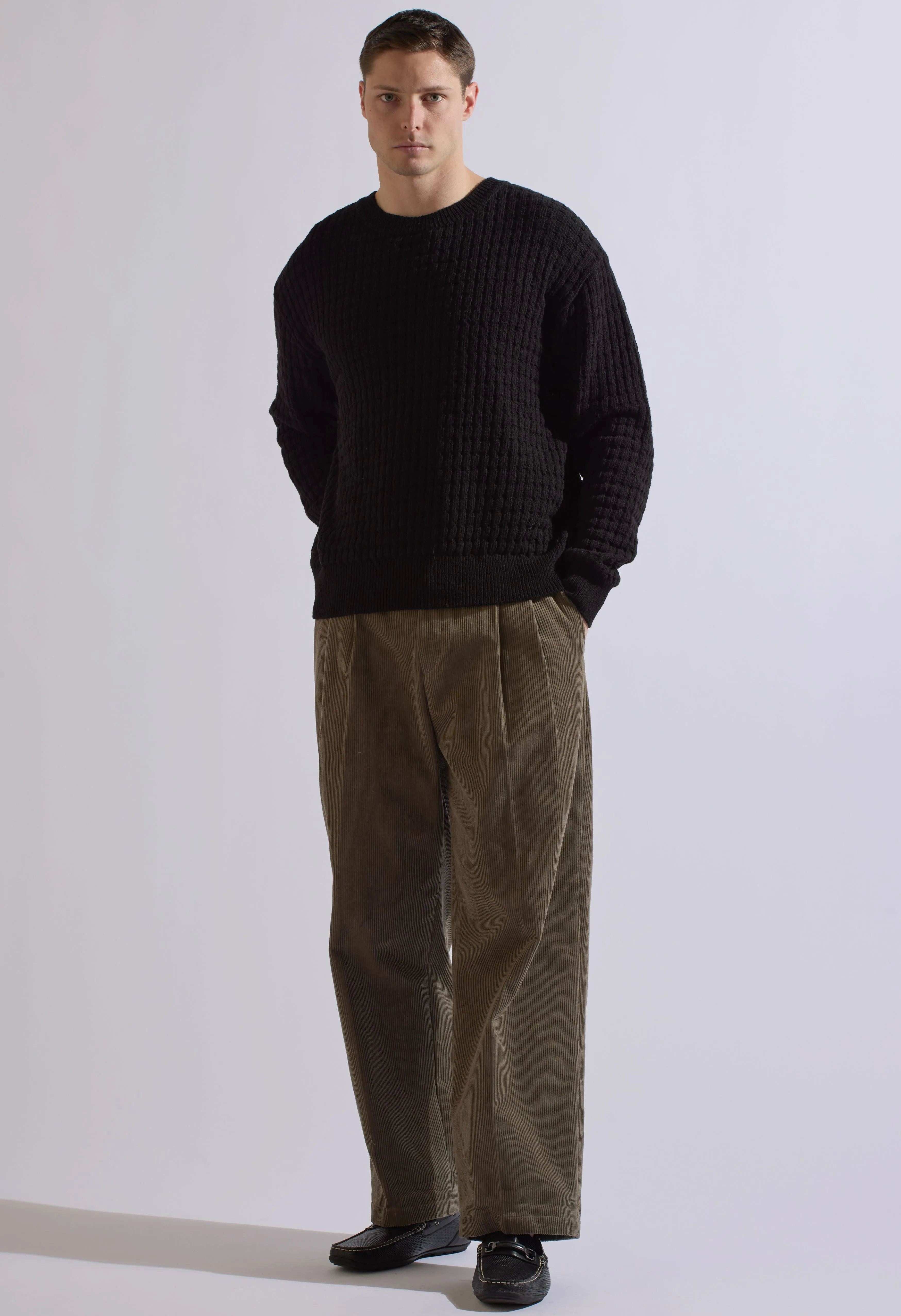 Merino Cable Knit Crew in Black
