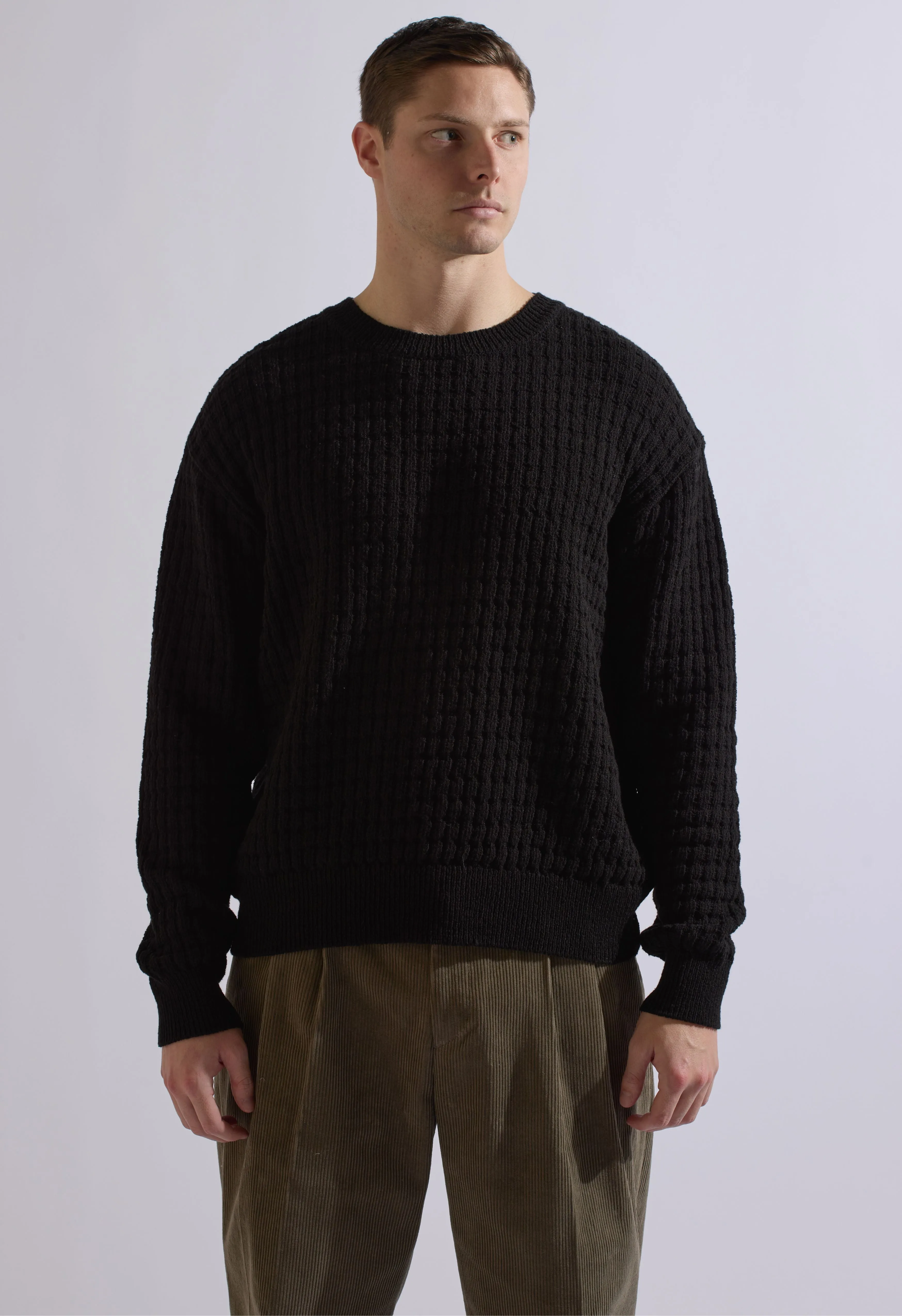 Merino Cable Knit Crew in Black