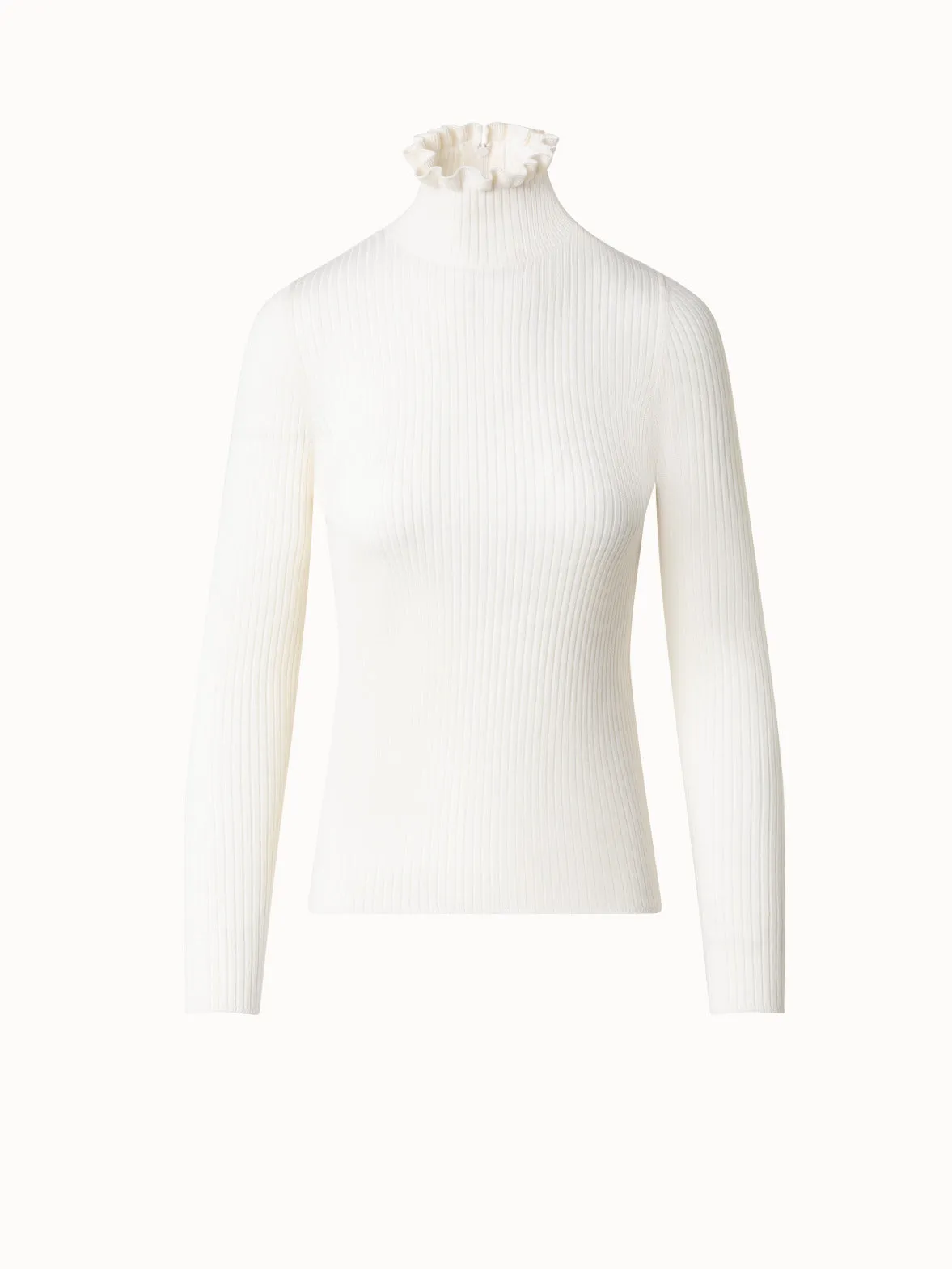Merino Wool Knit Ruffle Mock Neck Sweater
