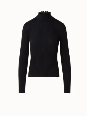 Merino Wool Knit Ruffle Mock Neck Sweater