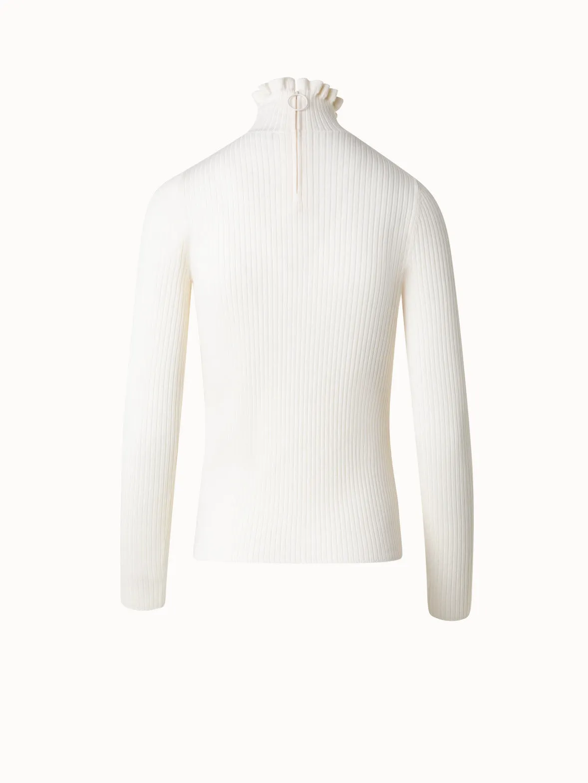 Merino Wool Knit Ruffle Mock Neck Sweater