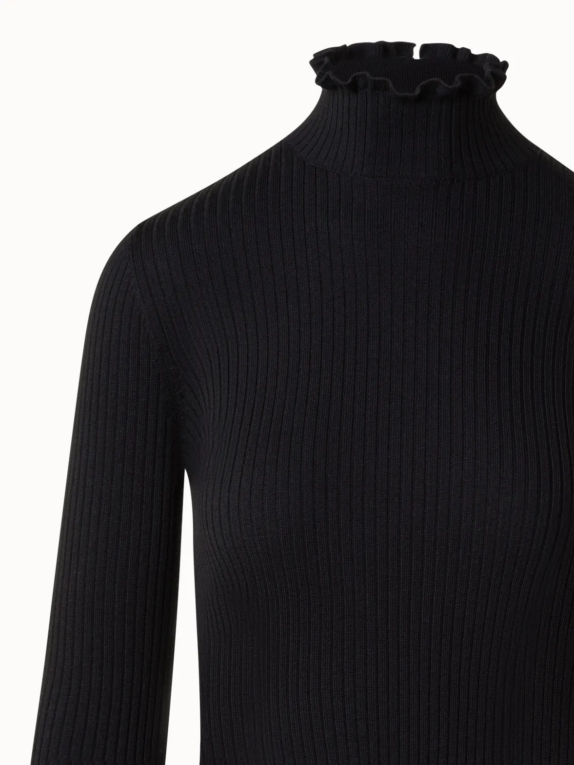Merino Wool Knit Ruffle Mock Neck Sweater