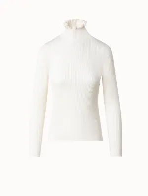 Merino Wool Knit Ruffle Mock Neck Sweater