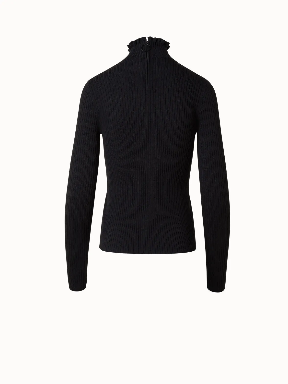 Merino Wool Knit Ruffle Mock Neck Sweater