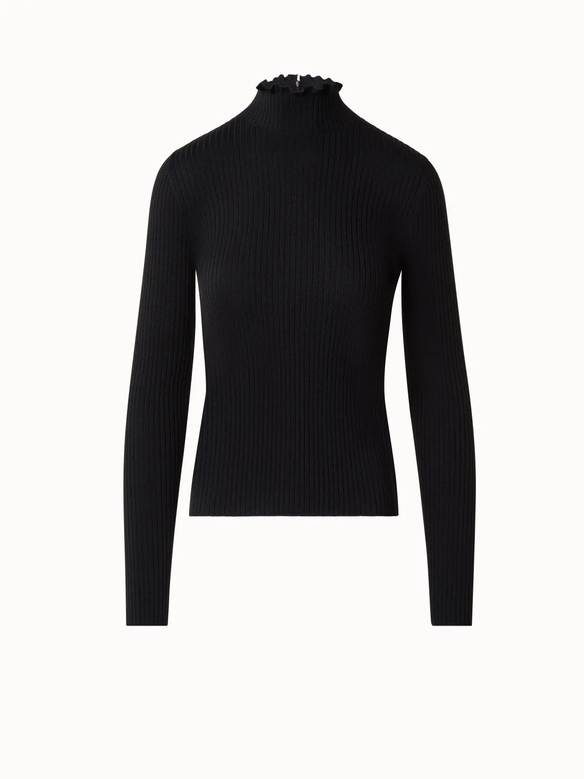 Merino Wool Knit Ruffle Mock Neck Sweater