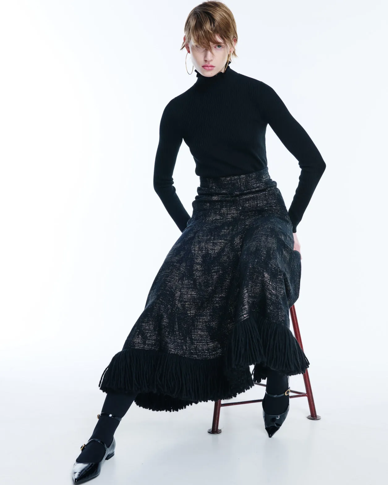 Merino Wool Knit Ruffle Mock Neck Sweater