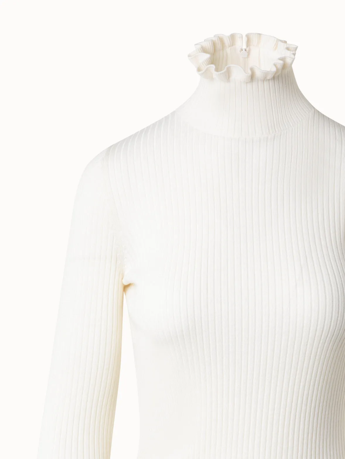 Merino Wool Knit Ruffle Mock Neck Sweater