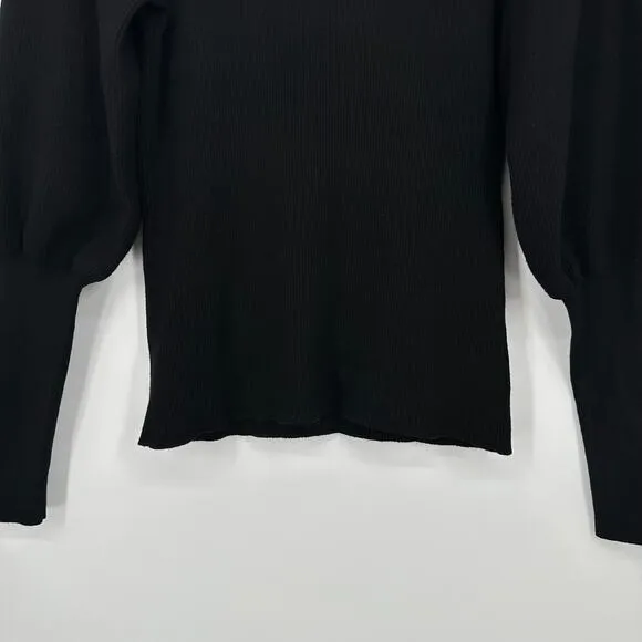 MILLY Ribbed Balloon Sleeve Sweater Crew Neck Long Sleeve Rib Knit, Black