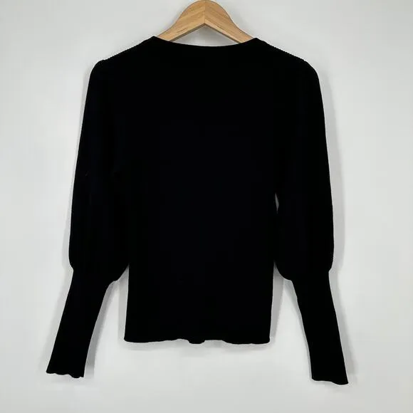 MILLY Ribbed Balloon Sleeve Sweater Crew Neck Long Sleeve Rib Knit, Black